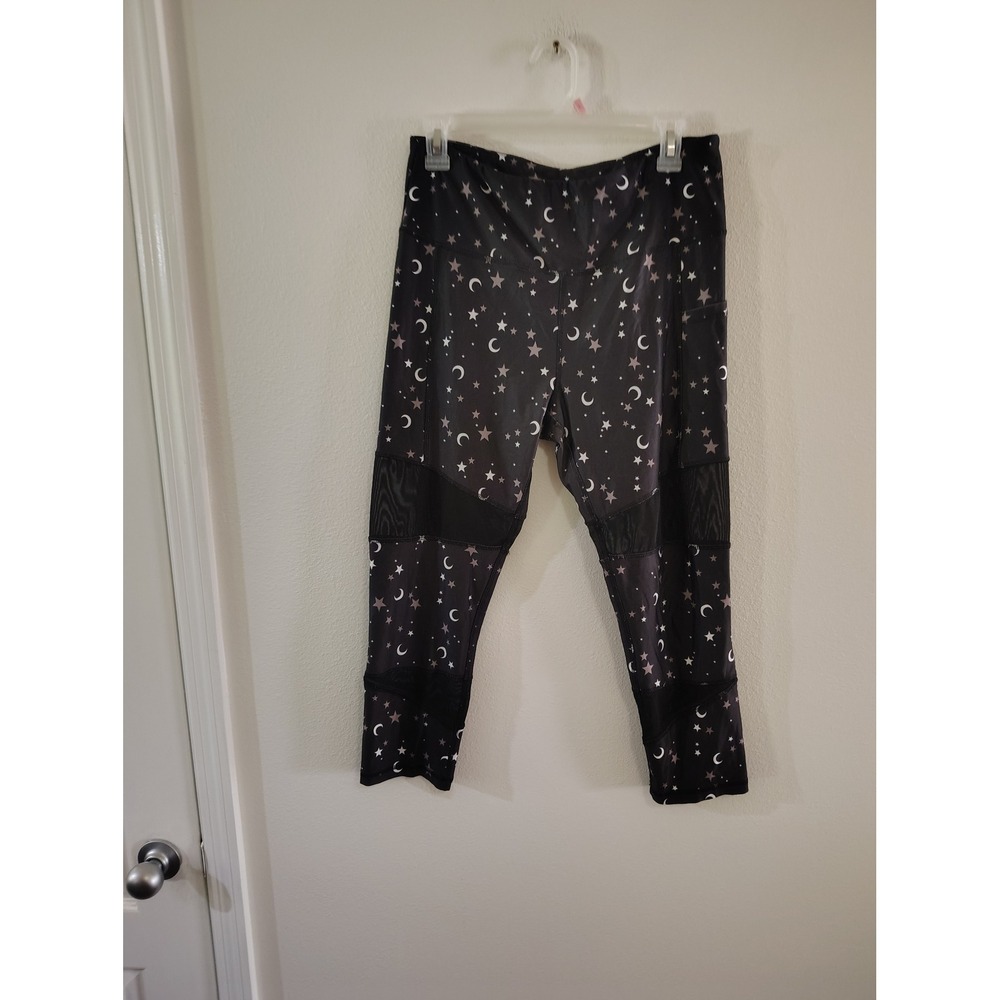 X by Gottex Womens Black Celestial Moon Star Mesh Panel Active Leggings Large